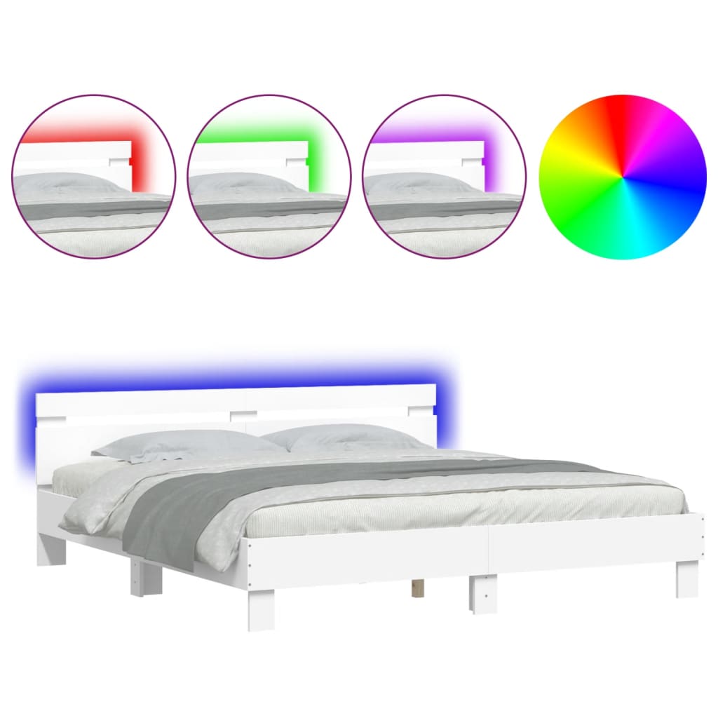 sengeramme med sengegavl og LED-lys 200x200 cm hvid