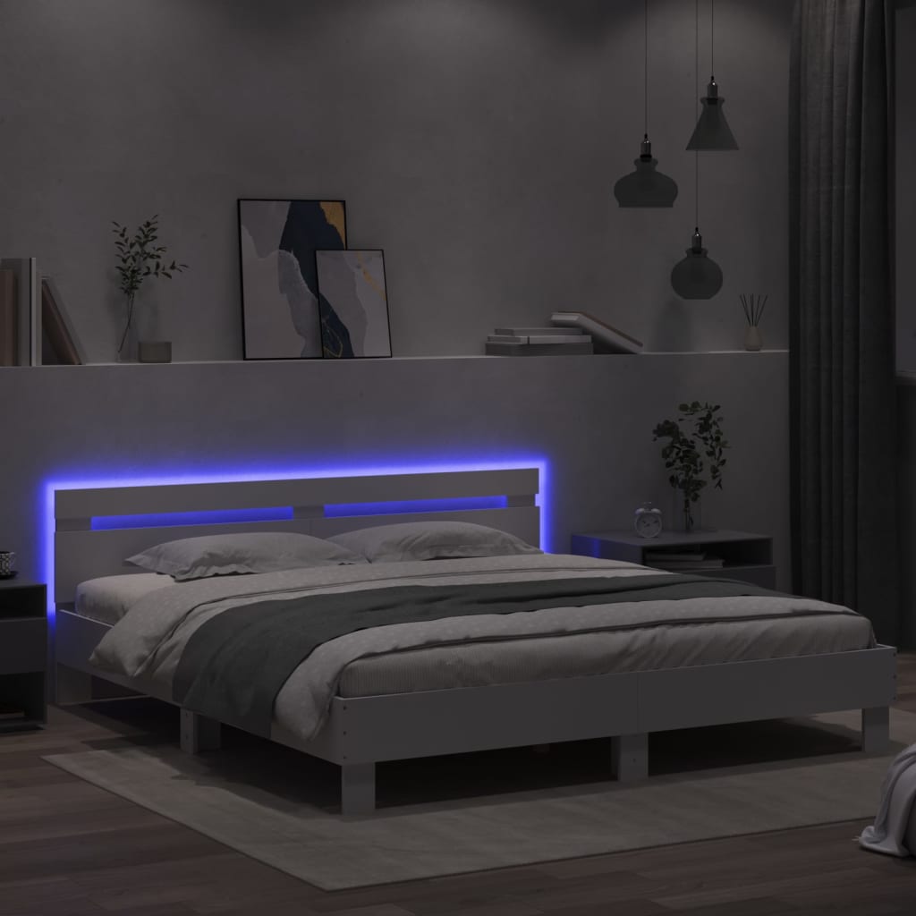 sengeramme med sengegavl og LED-lys 200x200 cm hvid