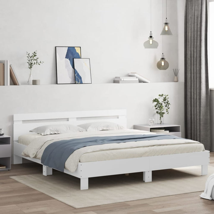 sengeramme med sengegavl og LED-lys 200x200 cm hvid