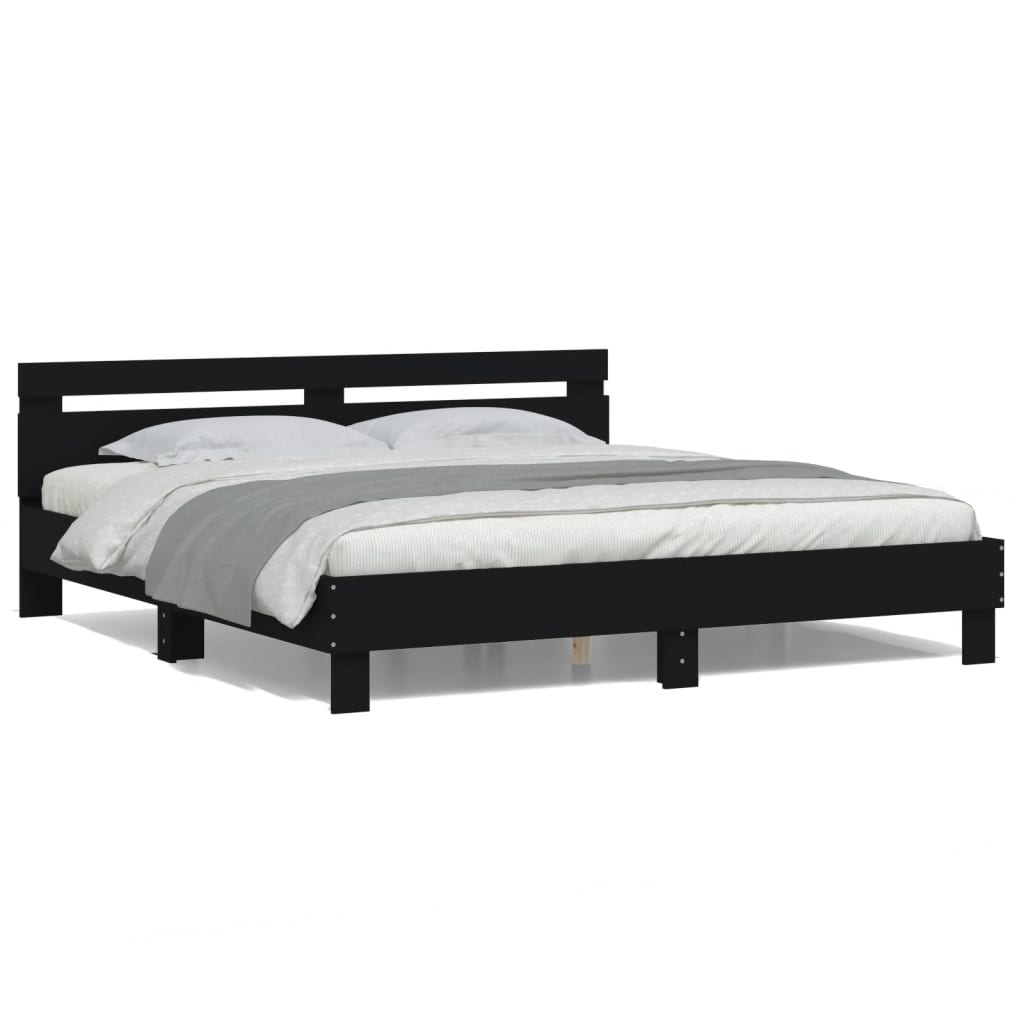 sengeramme med sengegavl og LED-lys 200x200 cm sort