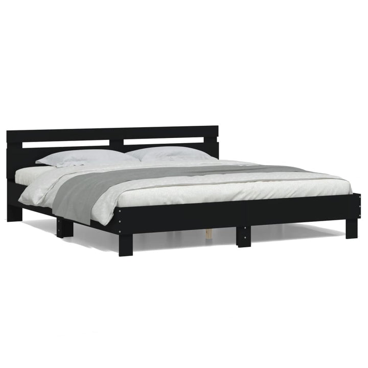 sengeramme med sengegavl og LED-lys 200x200 cm sort