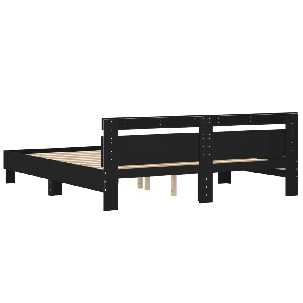 sengeramme med sengegavl og LED-lys 200x200 cm sort