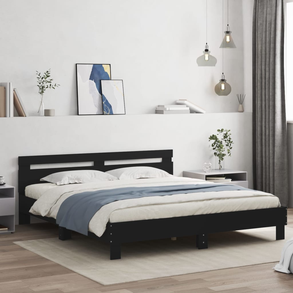sengeramme med sengegavl og LED-lys 200x200 cm sort