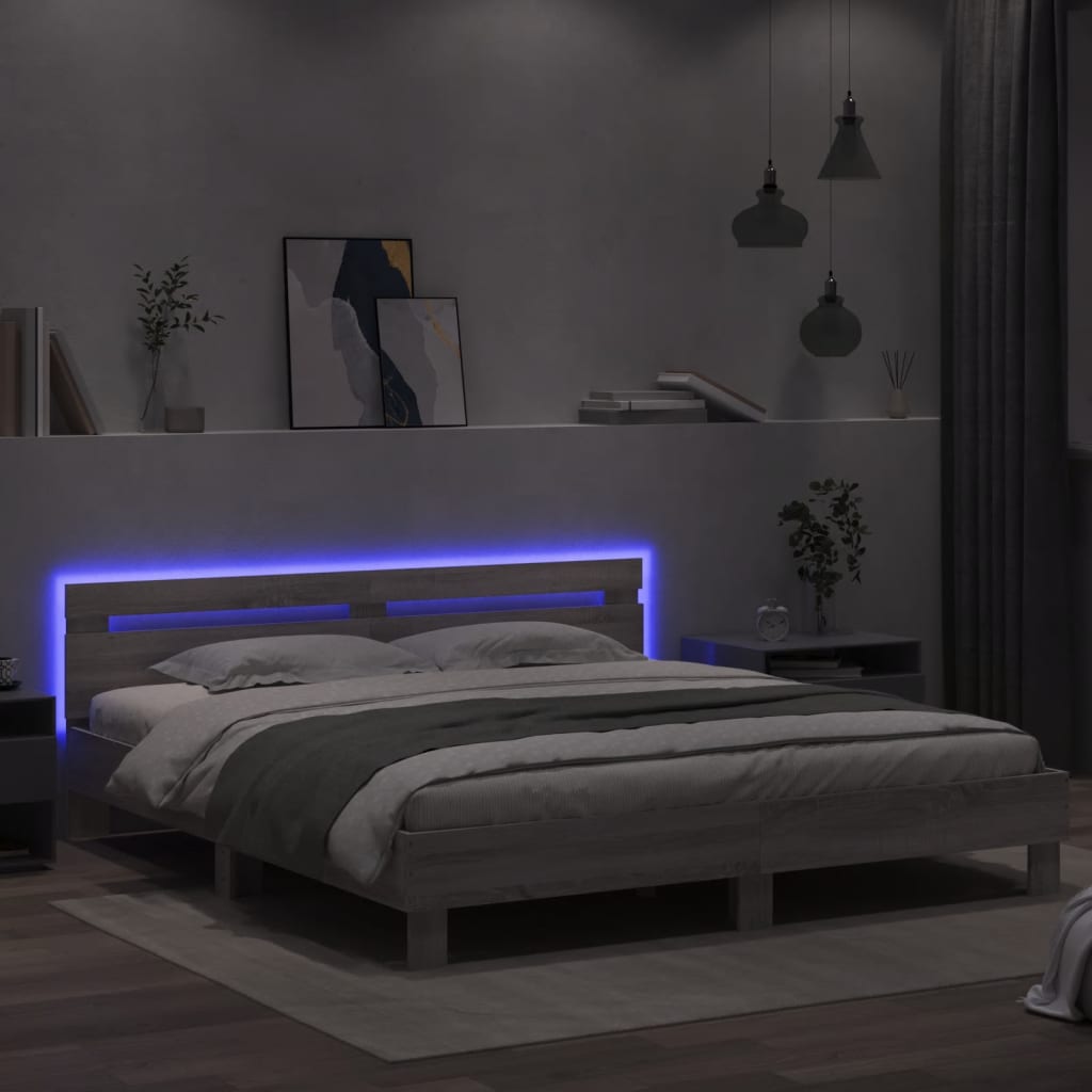 sengeramme med sengegavl og LED-lys 200x200 cm grå sonoma-eg
