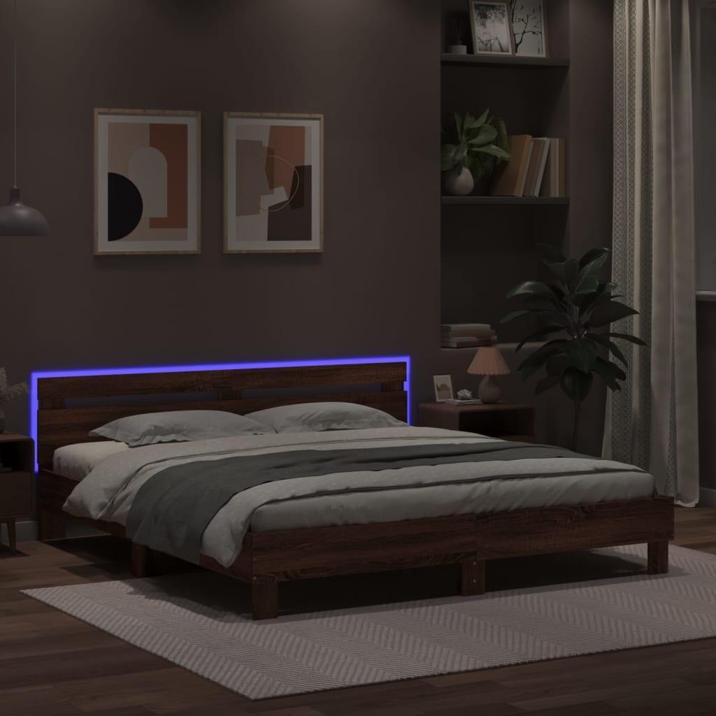 sengeramme med sengegavl og LED-lys 200x200 cm brunt egetræ