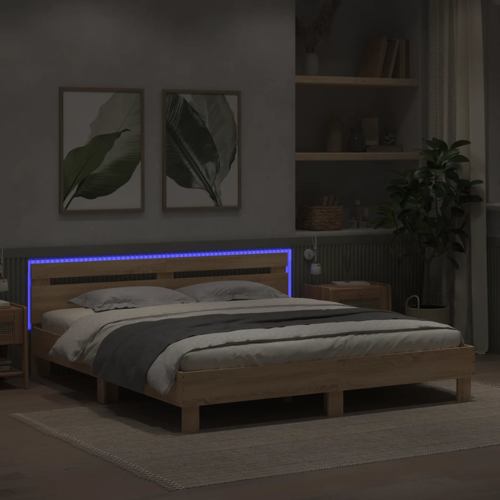 sengeramme med sengegavl og LED-lys 180x200 cm sonoma-eg