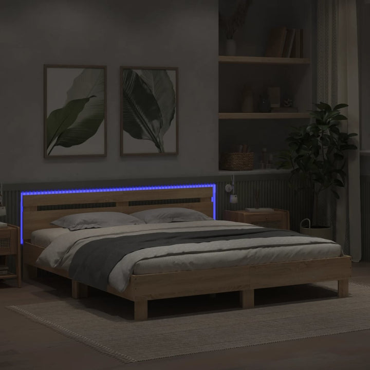 sengeramme med sengegavl og LED-lys 180x200 cm sonoma-eg