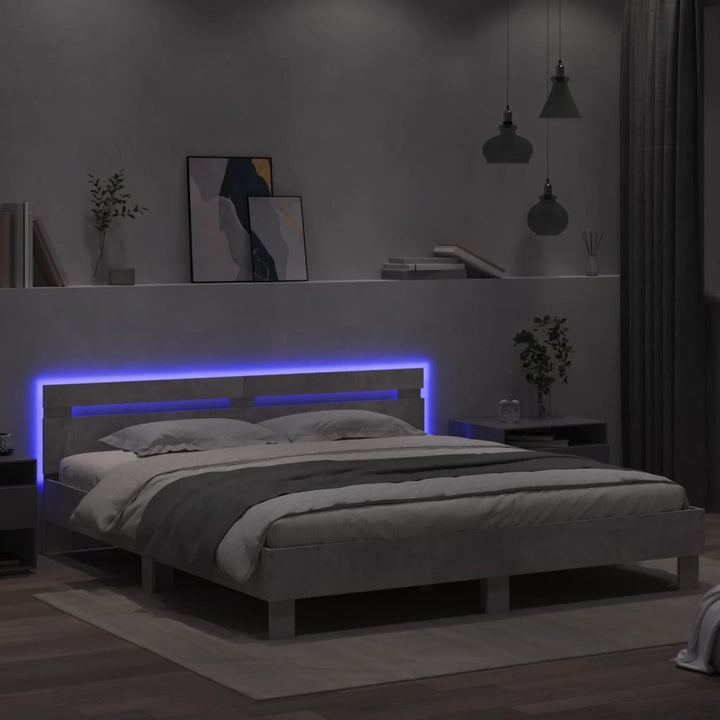 sengeramme med sengegavl og LED-lys 180x200 cm betongrå