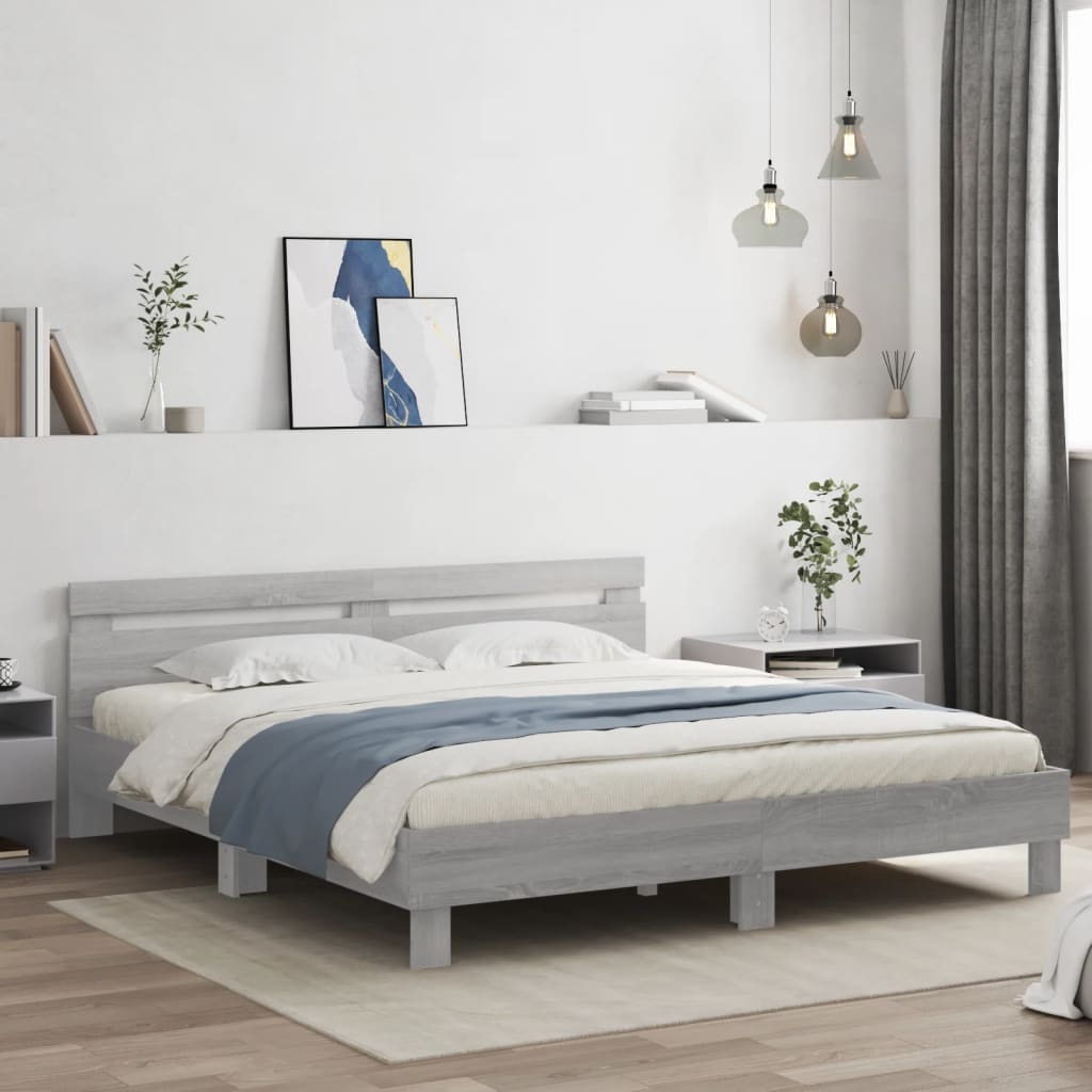 sengeramme med sengegavl og LED-lys 180x200 cm grå sonoma-eg