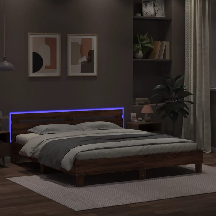 sengeramme med sengegavl og LED-lys 180x200 cm brunt egetræ
