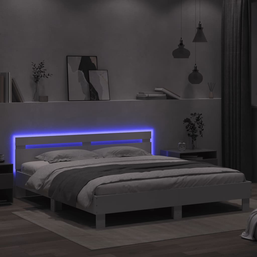 sengeramme med sengegavl og LED-lys 160x200 cm hvid
