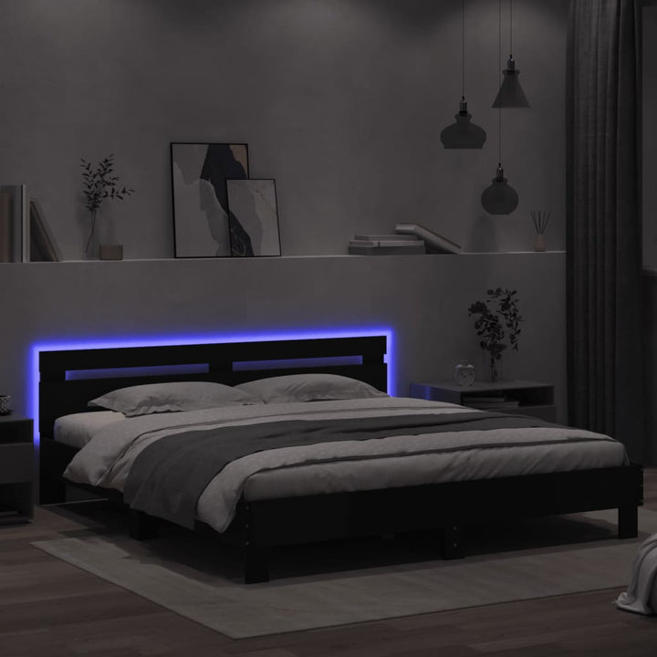 sengeramme med sengegavl og LED-lys 160x200 cm sort