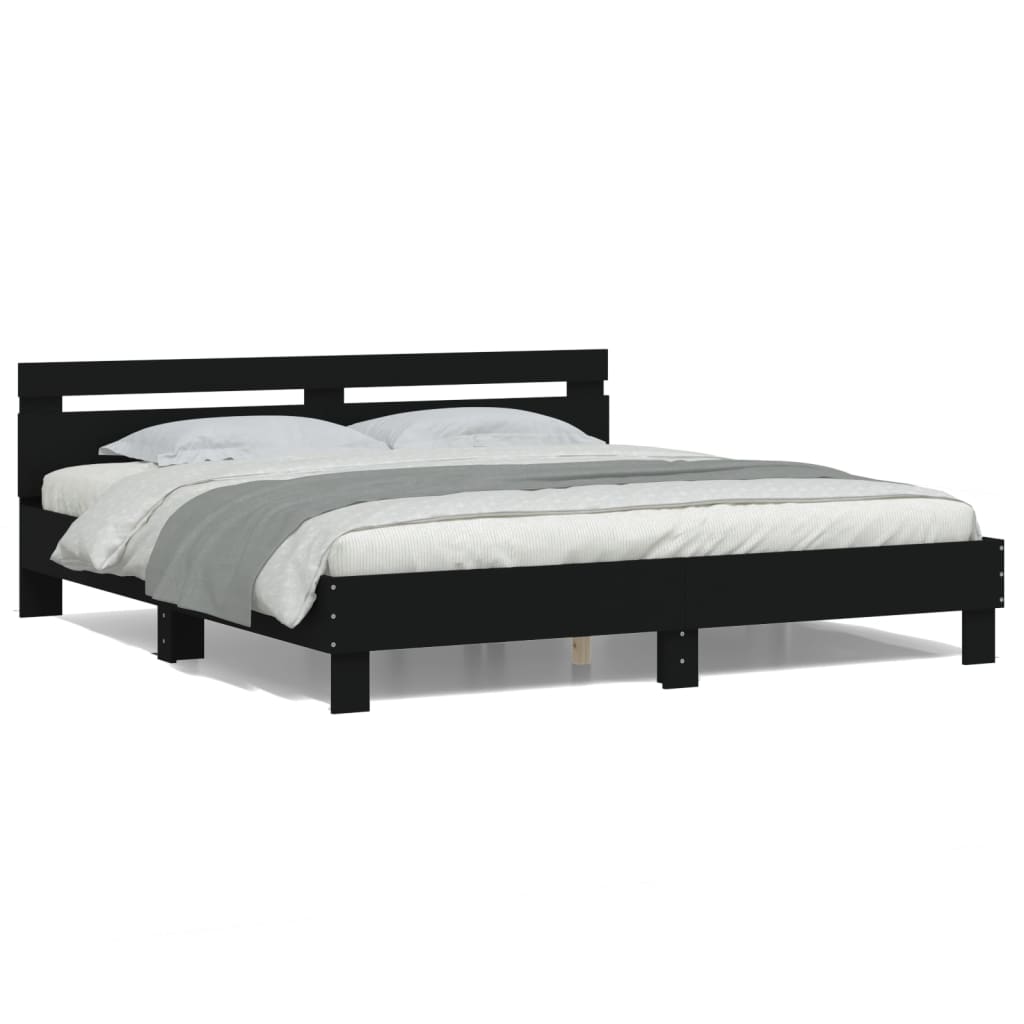 sengeramme med sengegavl og LED-lys 160x200 cm sort
