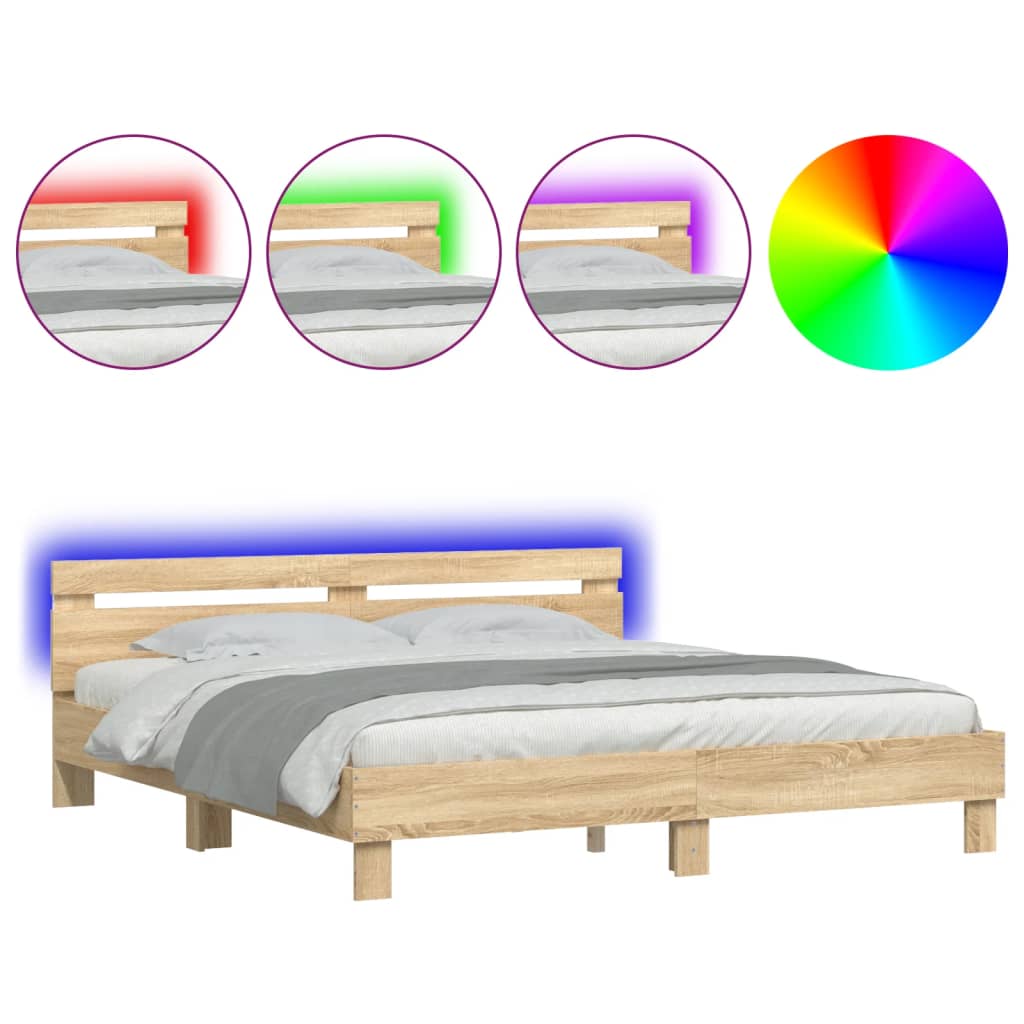 sengeramme med sengegavl og LED-lys 160x200 cm sonoma-eg