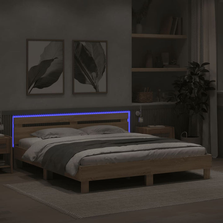 sengeramme med sengegavl og LED-lys 160x200 cm sonoma-eg