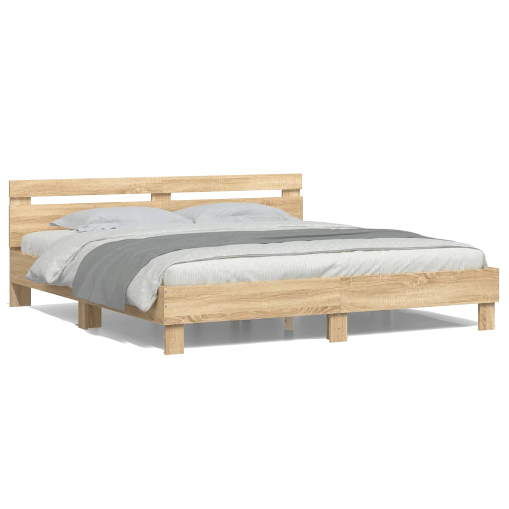 sengeramme med sengegavl og LED-lys 160x200 cm sonoma-eg