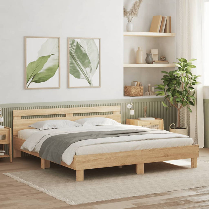 sengeramme med sengegavl og LED-lys 160x200 cm sonoma-eg