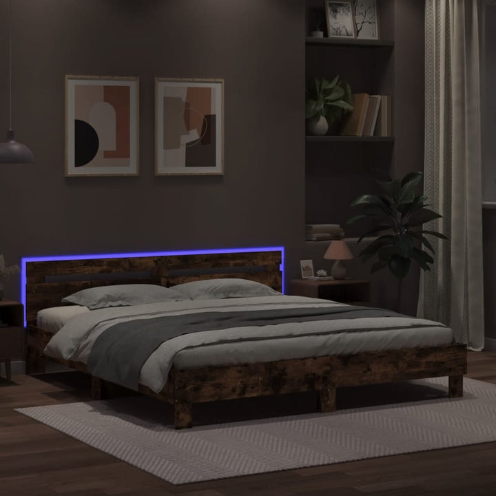 sengeramme med sengegavl og LED-lys 160x200 cm røget egetræ