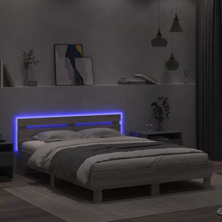 sengeramme med sengegavl og LED-lys 150x200 cm grå sonoma-eg