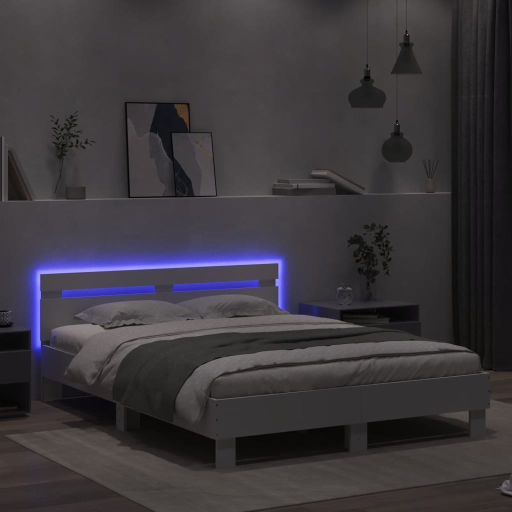 sengeramme med sengegavl og LED-lys 140x200 cm hvid
