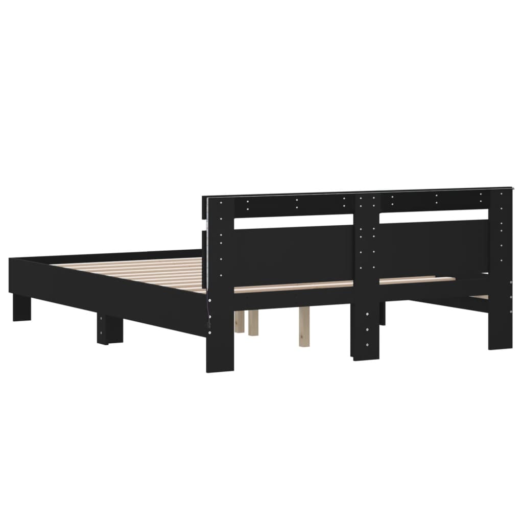 sengeramme med sengegavl og LED-lys 140x200 cm sort