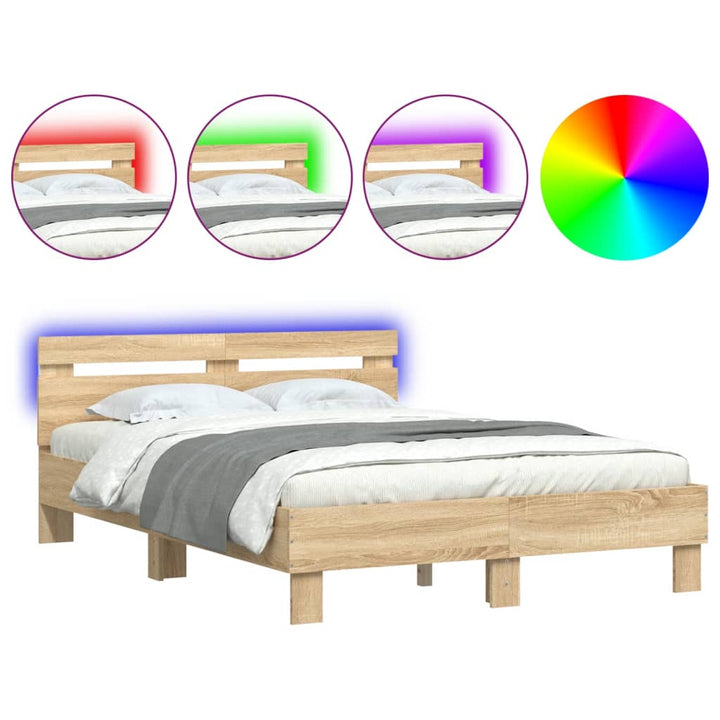 sengeramme med sengegavl og LED-lys 120x200 cm sonoma-eg