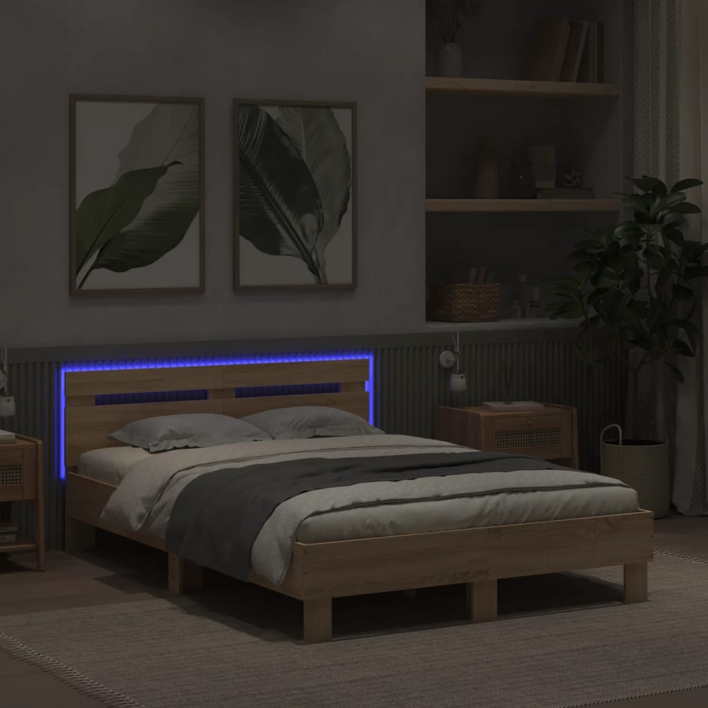 sengeramme med sengegavl og LED-lys 120x200 cm sonoma-eg