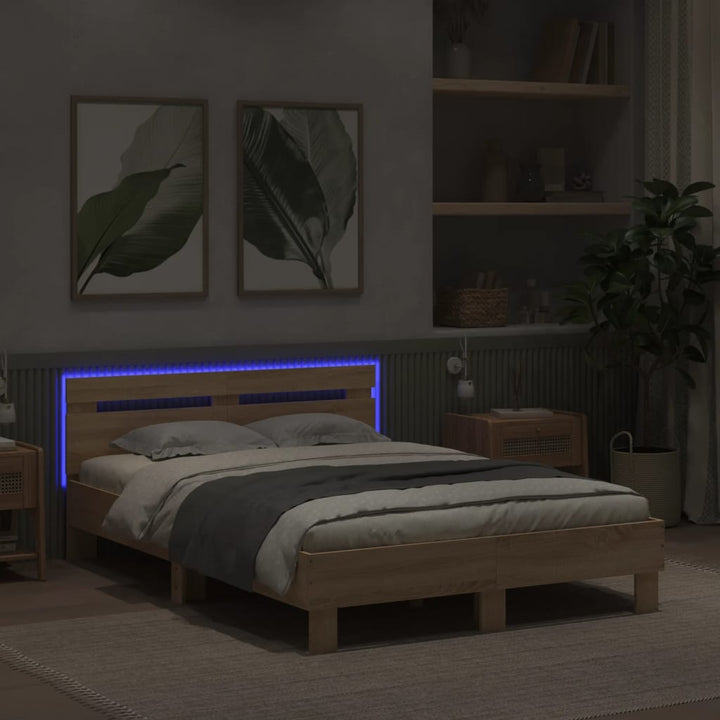 sengeramme med sengegavl og LED-lys 120x200 cm sonoma-eg