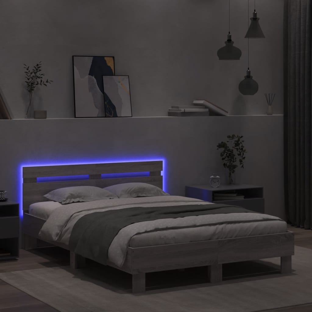 sengeramme med sengegavl og LED-lys 120x200 cm grå sonoma-eg
