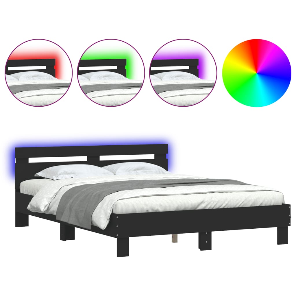 sengeramme med sengegavl og LED-lys 140x190 cm sort