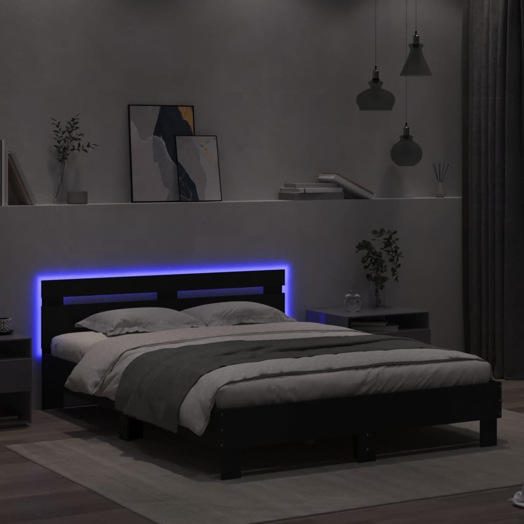 sengeramme med sengegavl og LED-lys 140x190 cm sort