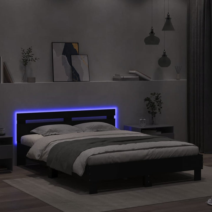 sengeramme med sengegavl og LED-lys 140x190 cm sort