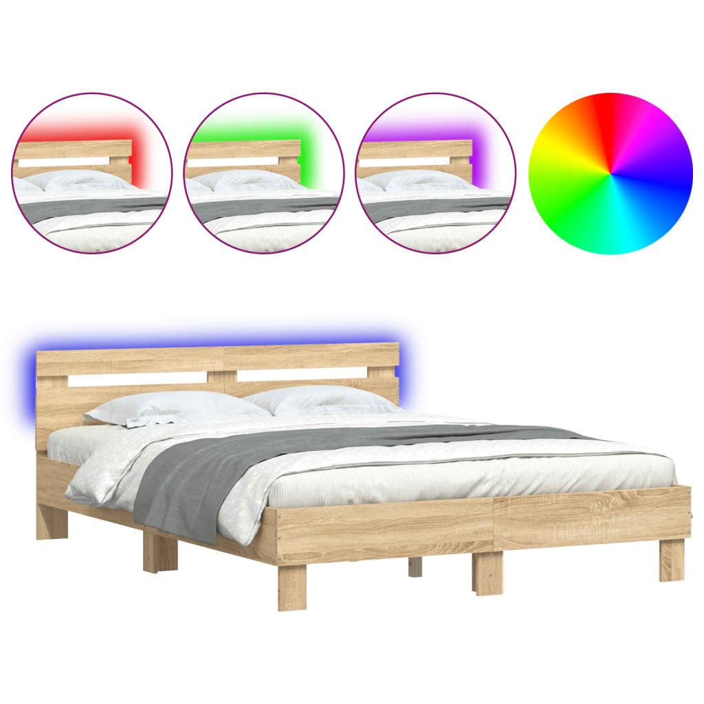 sengeramme med sengegavl og LED-lys 140x190 cm sonoma-eg