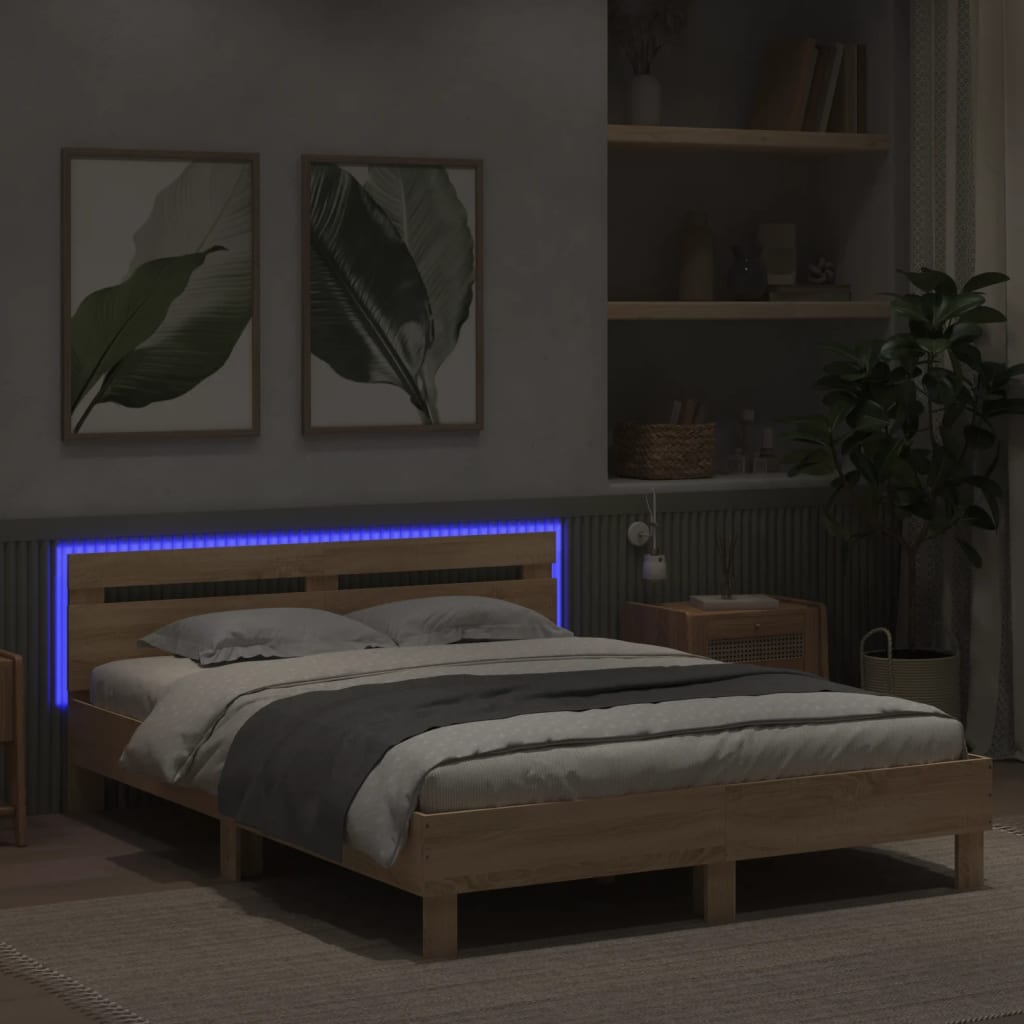 sengeramme med sengegavl og LED-lys 140x190 cm sonoma-eg