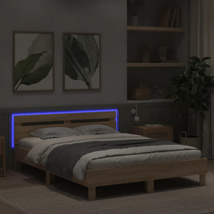 sengeramme med sengegavl og LED-lys 140x190 cm sonoma-eg
