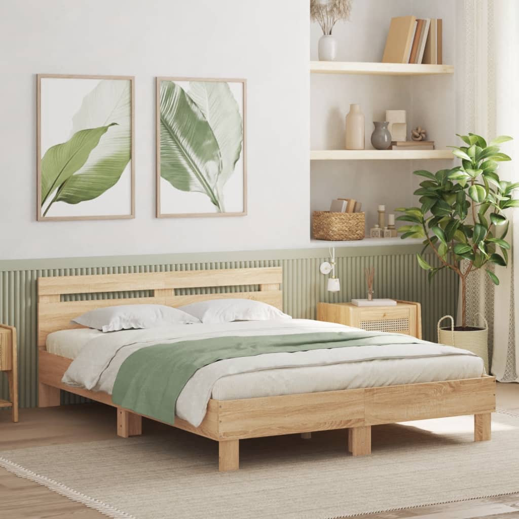 sengeramme med sengegavl og LED-lys 140x190 cm sonoma-eg
