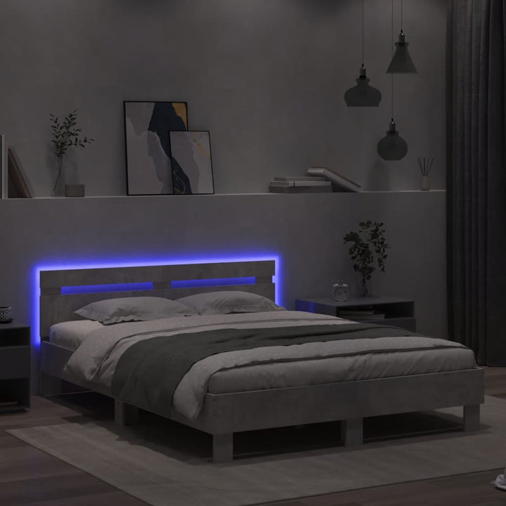 sengeramme med sengegavl og LED-lys 140x190 cm betongrå