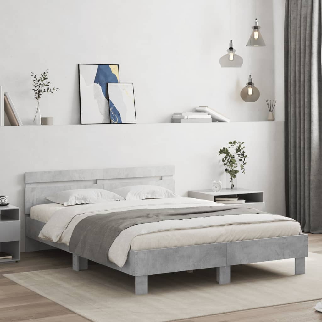 sengeramme med sengegavl og LED-lys 140x190 cm betongrå