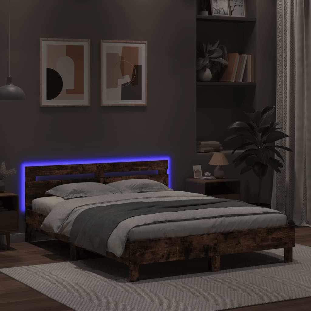 sengeramme med sengegavl og LED-lys 140x190 cm brunt egetræ
