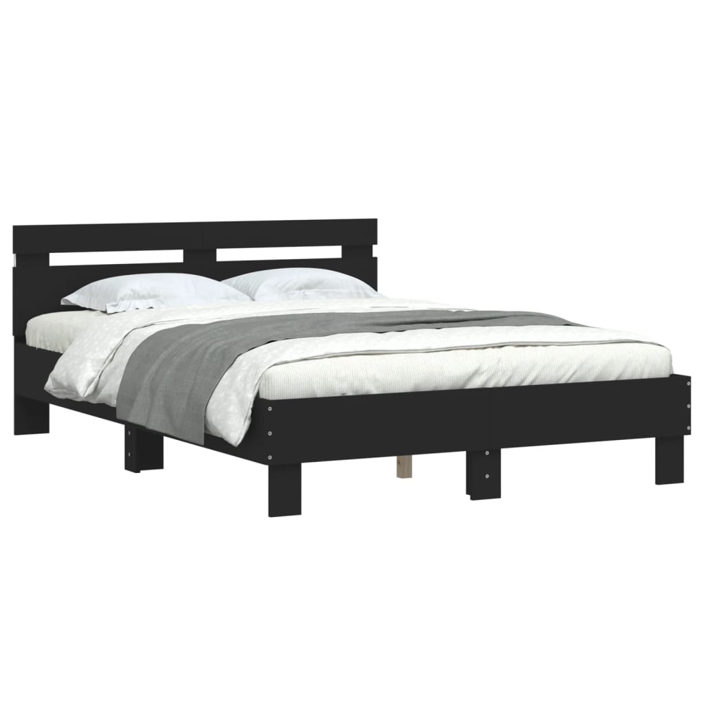sengeramme med sengegavl og LED-lys 135x190 cm sort