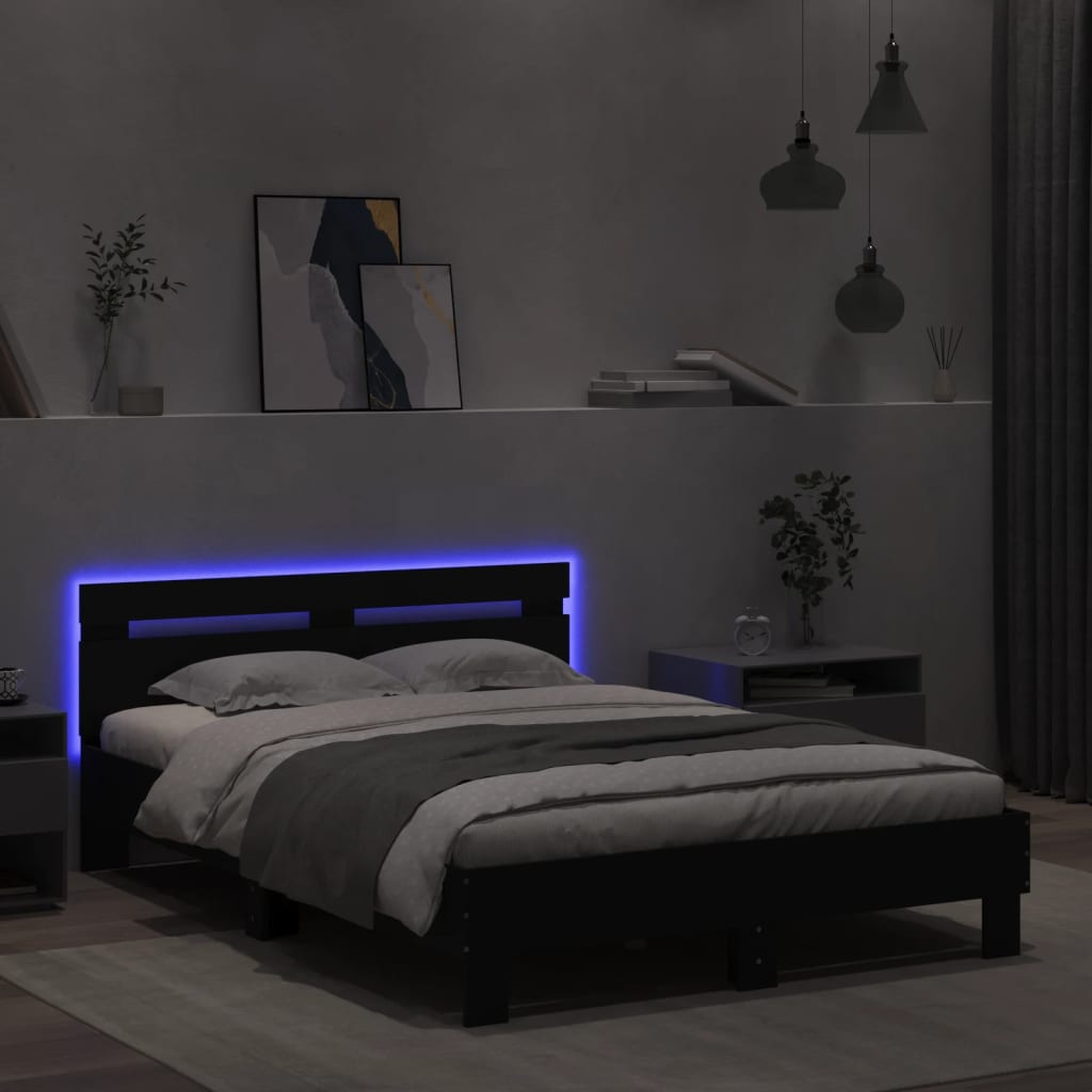 sengeramme med sengegavl og LED-lys 135x190 cm sort