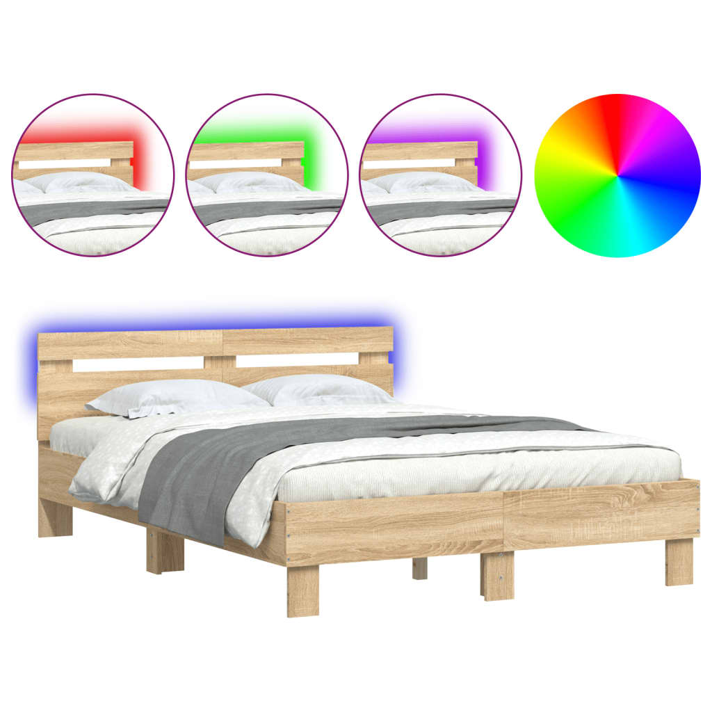 sengeramme med sengegavl og LED-lys 135x190 cm sonoma-eg