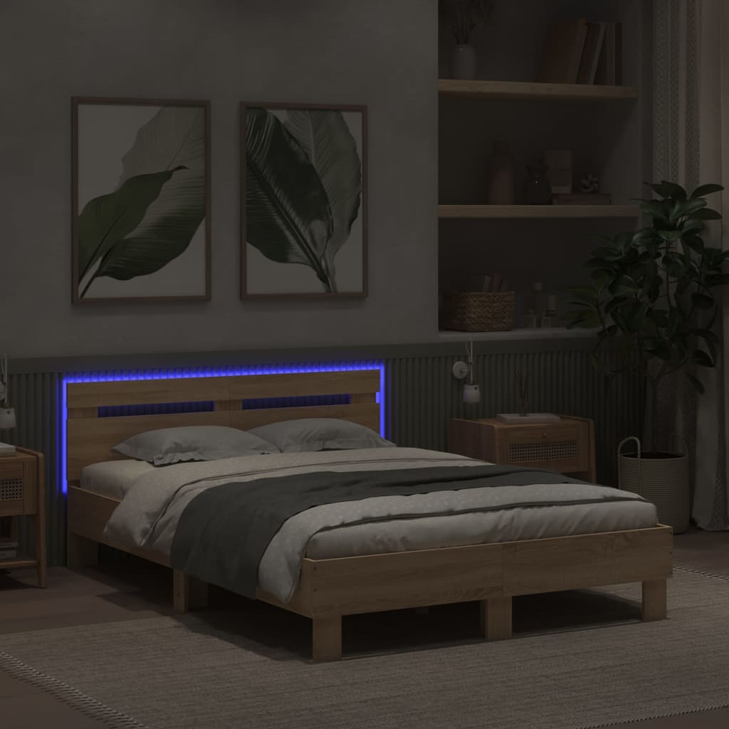 sengeramme med sengegavl og LED-lys 135x190 cm sonoma-eg