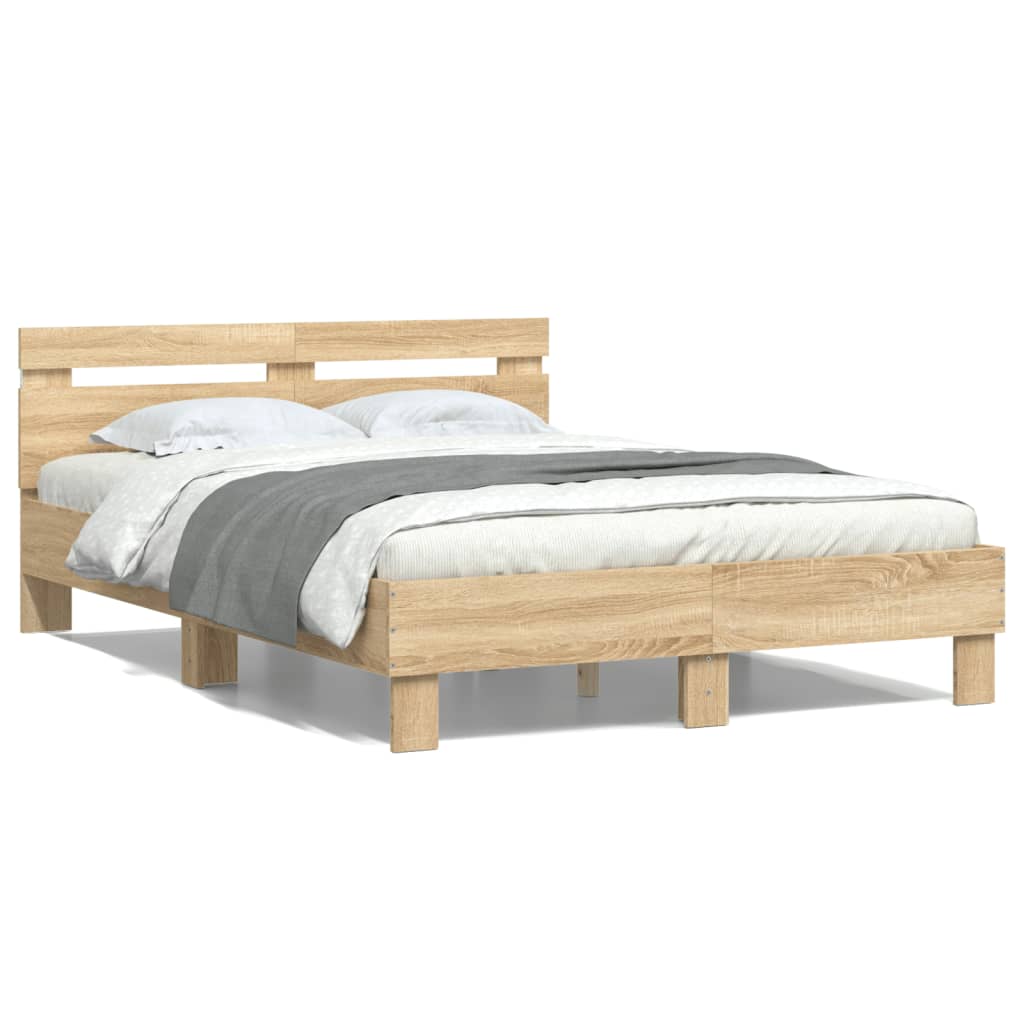 sengeramme med sengegavl og LED-lys 135x190 cm sonoma-eg