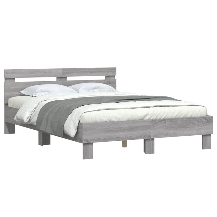 sengeramme med sengegavl og LED-lys 135x190 cm grå sonoma-eg
