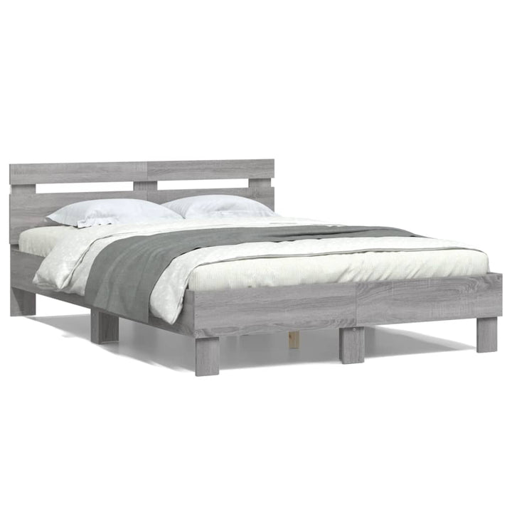 sengeramme med sengegavl og LED-lys 135x190 cm grå sonoma-eg