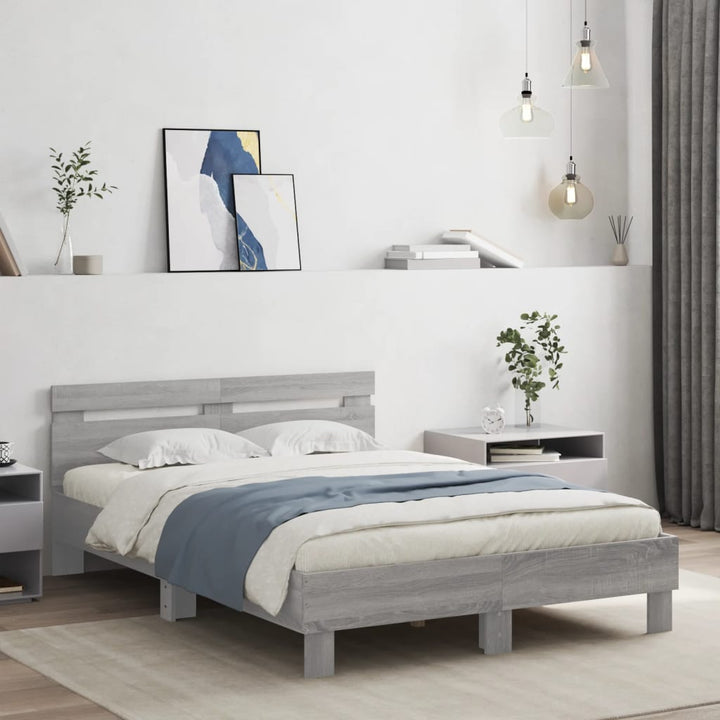 sengeramme med sengegavl og LED-lys 135x190 cm grå sonoma-eg