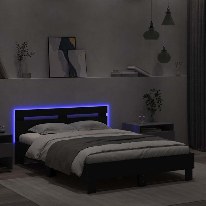 sengeramme med sengegavl og LED-lys 120x190 cm sort