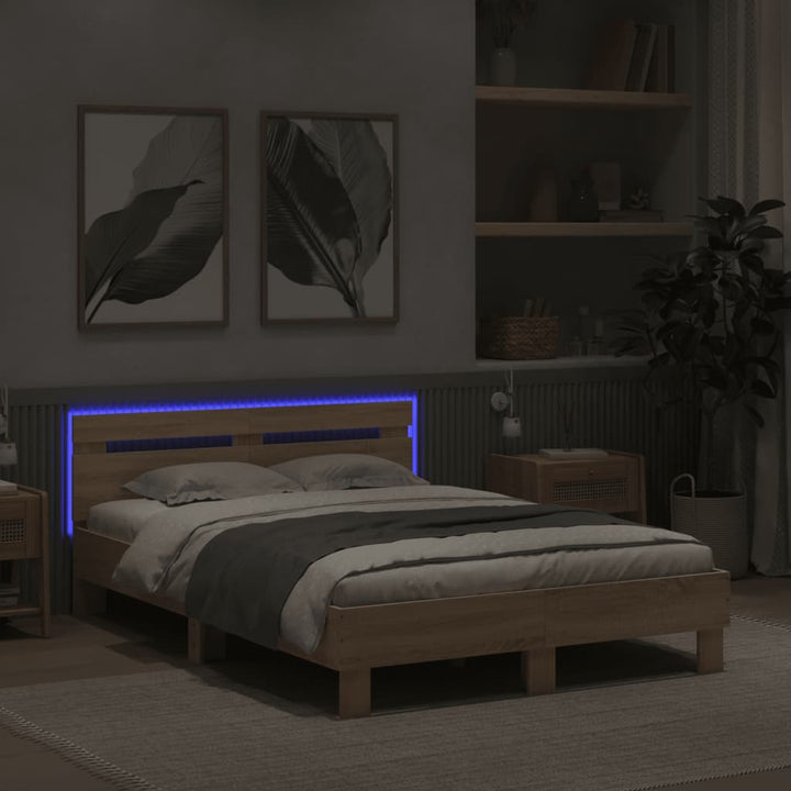 sengeramme med sengegavl og LED-lys 120x190 cm sonoma-eg