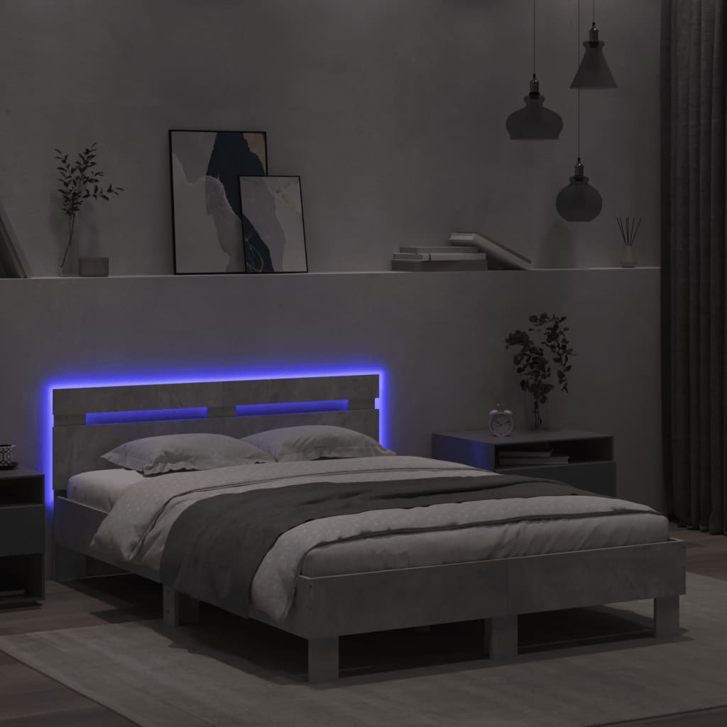 sengeramme med sengegavl og LED-lys 120x190 cm betongrå